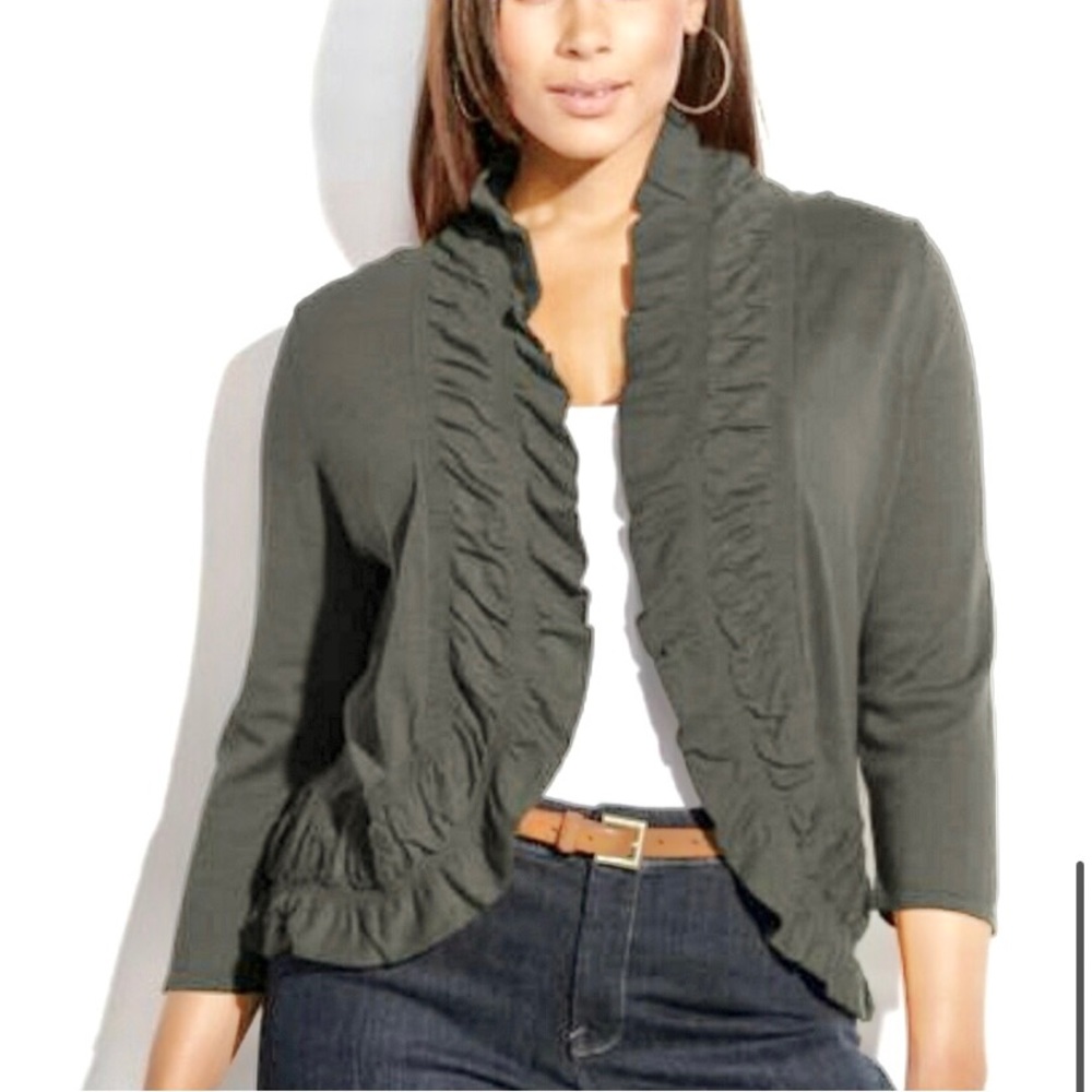 BOGO INC Plus Cardigan Lightweight Sweater Knit Ruffle Gray Open Front 1X